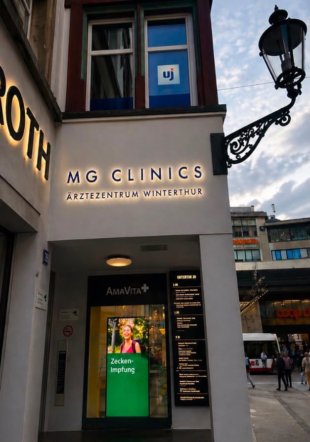 Storefront of MG Clinics, a medical practice in Winterthur, with signage and entrance on a urban street