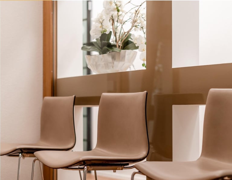 Modern waiting room with tan and black chairs lined up against a wall, featuring a potted orchid plant on a shelf above