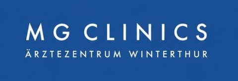 MG Clinics logo, a medical practice in Winterthur on a dark blue background